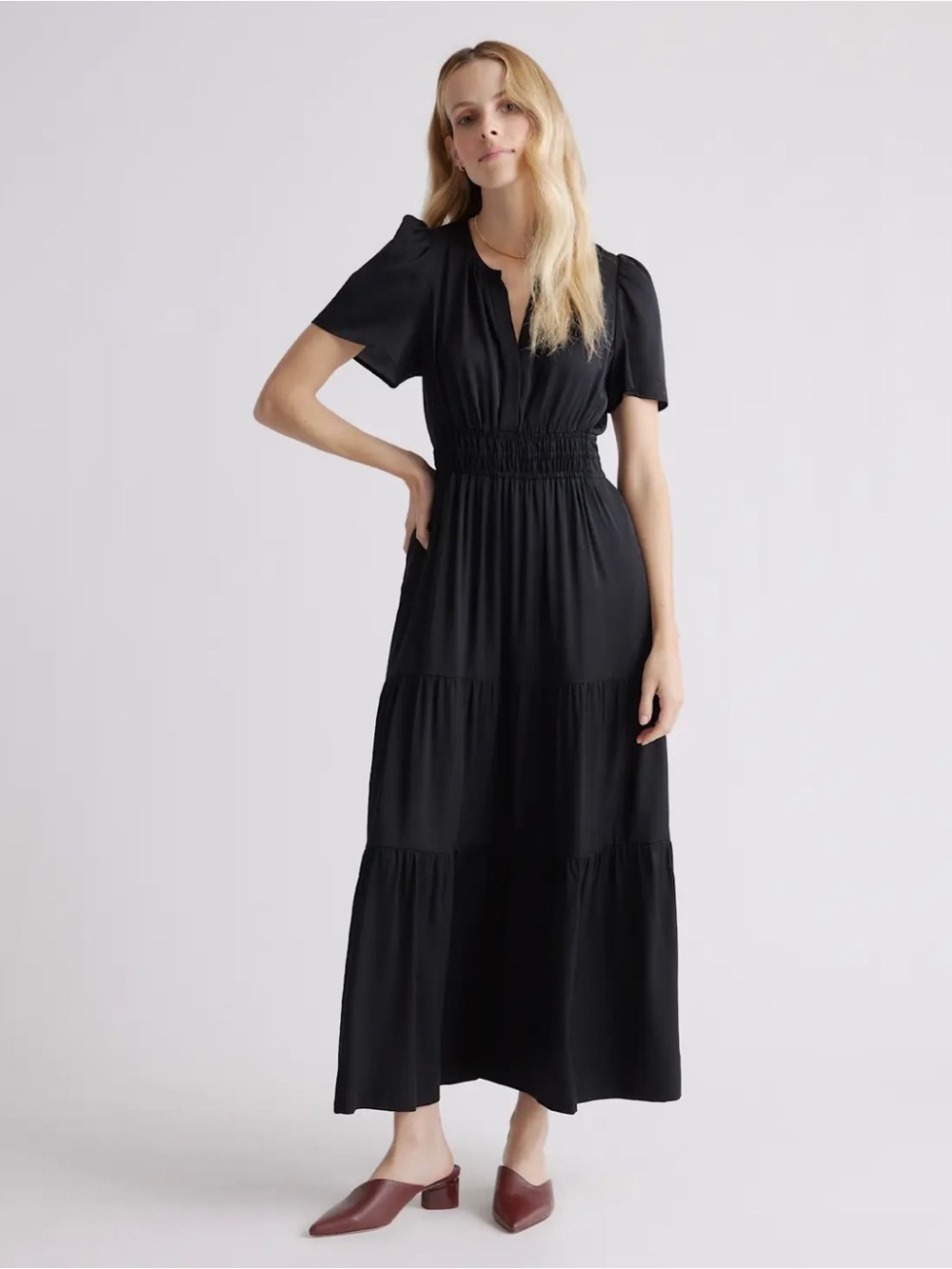 Quince Washable Black Silk Stretch Tiered Maxi Dress Pockets Cocktail Large